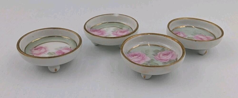 Porcelain Open Salt Cellars Dips Floral Footed Set of 4 Dishes Bavaria -one chip
